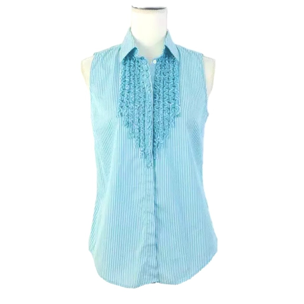 Ralph Lauren Aqua Striped Ruffle Top Button Front Sleeveless Sz 6